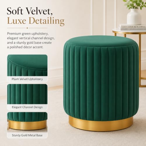 Image of Designer Velvet Round Footstool Ottoman with Sturdy Gold Metal Band Base for Home Decor & Extra Seating, Lightweight Pouf Stool for Sofa Side & Bedroom, 16x16x17 Inch (Seagreen)