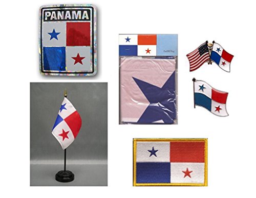 AES Panama Heritage Set Combo - Includes 1 3x5 Foot Flag,1 Desk Set Flag, 2 Lapel Pins, 1 Reflective Decal Sticker, 1 Iron On Patch Fade Resistant Double Stitched Premium Penant House Banner Grommets