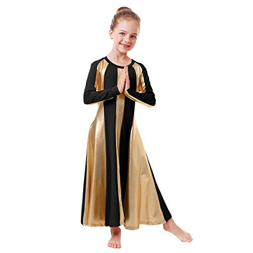 Metallic Gold Praise Dance Dresses for Girls Kids Liturgical Lyrical Color Block Worship Dress Loose Fit Full Length Swing Gown Ruffle Tunic Circle Skirt Christian Church Ballet Dancewear Black 3-4Y