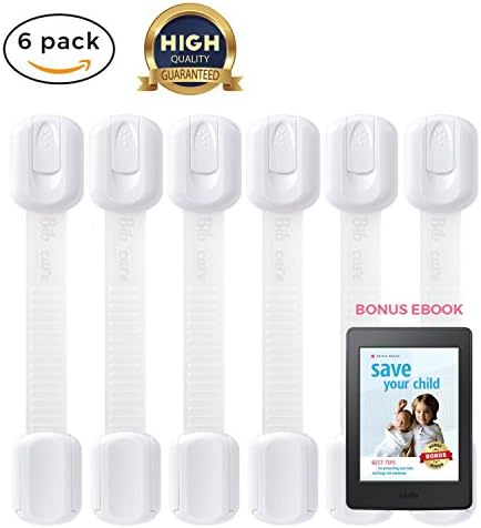 Child Proof Cabinet Locks | Baby Proof Door Lock, Toilet Seat, Window, Cupboard, Fridge, Oven | Easy Install, Open | Durable 3M Adhesive with Adjustable Strap and Latches | 6-Pack White