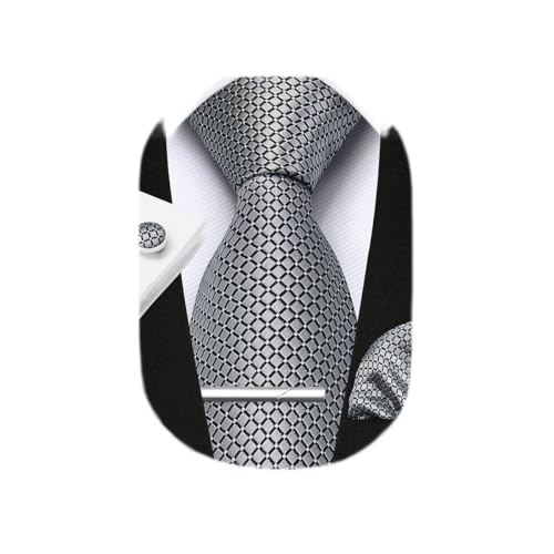 Image of HISDERN Plaid Ties for Men Classic Checkered Tie and Pocket Square Cufflinks Tie Clip Set Woven Men's Necktie Business