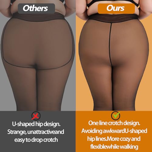 Image of 2 Pairs Plus Size Fleece Lined Tights Sheer Thermal Pantyhose leggings | Winter High Waist Warm Fake Translucent Thermal Sheer Thick Elastic Pantyhose for Womens