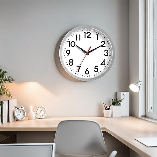 Image of DAXSMY 12 Inch Wall Clock Battery Operated Silent Non Ticking Analog Modern Decorative for Office Kitchen Outdoor Living Room Classroom Bedroom Bathroom School(Silver)