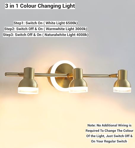Image of FILLISKA 3 in 1 Double Wall spot /Picture /Display /Mirror Light with Adjustable Head and Colour Changing Function (3 Way Luxurious Gold-987)