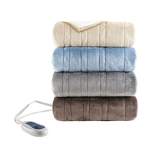 Beautyrest Ultra Soft Knitted Plush Reverse To Sherpa Auto Shut Off Electric Blanket Throw Wrap With 3 Heat Level Setting Controller, 50"W X 64"L, Tan #TOP4