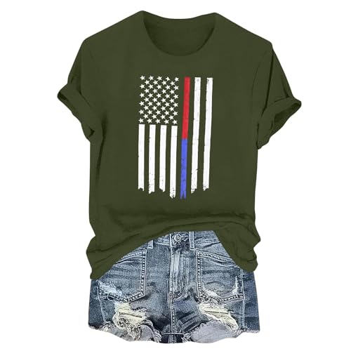 FONMA July 4th Shirts for Women Summer Casual USA Flag Graphic Printed Short Sleeve Top Loose Athletic Pullover Tee Blouse Going Out Red White and Blue Shirts for Women