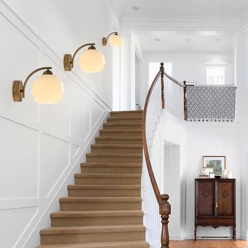 Image of White and Gold Bathroom Vanity Light Brass Wall Sconce Modern Globe Wall Sconce Mid Century Vanity Light Bedroom Wall Lamp Hallway Stairwell Wall Light Fixtures