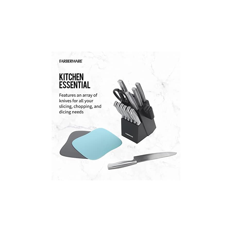 Farberware Stainless Steel Knife Block Set with Built-In Sharpener and Cutting Mats, 15-Piece Value Set, High-Carbon Stainless Steel Kitchen Knives, Razor-Sharp Knife Set with Boards, Black