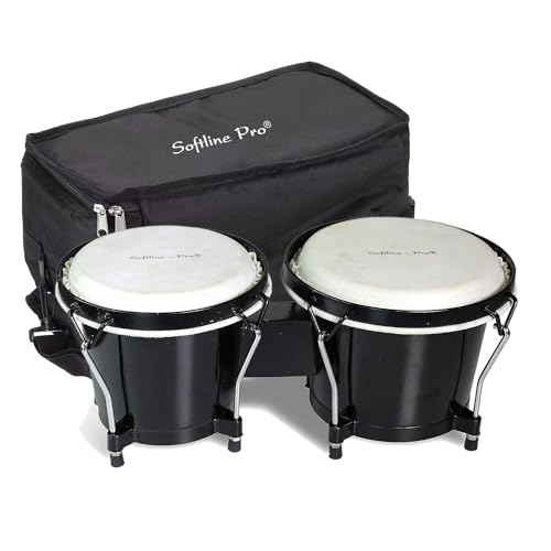 Image of Softline Pro Bongo Drum Set with Tuning Wrench & Padded Professional Wooden Percussion Instrument for Beginner Adults Kids - Natural Skin (Black)