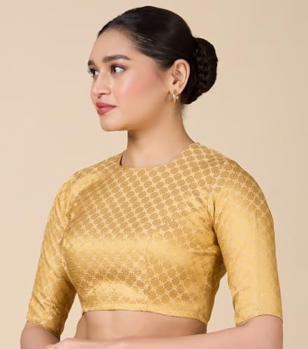 Image of Studio Shringaar Women Brocade Silky Jewel Neck Readymade Elbow Length Sleeve Saree Blouse