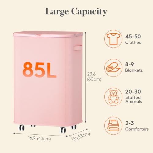 Image of Lifewit 85L Large Laundry Basket with Wheels and Lid, Pink