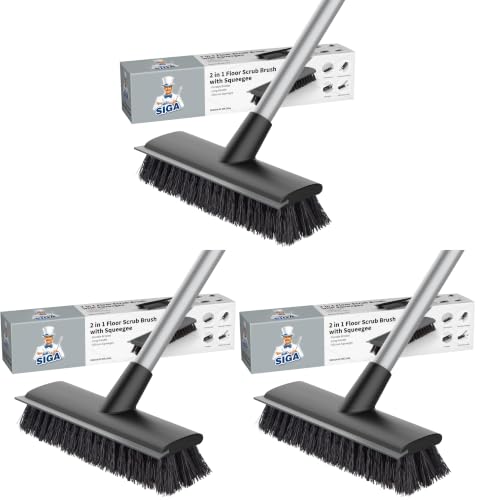 Image of MR.SIGA Floor Scrub Brush with Long Handle, 2 in 1 Scrubber and Squeegee for Cleaning Bathroom, Patio, Garage, Wall, Tile with Stiff Bristles (Pack of 3)