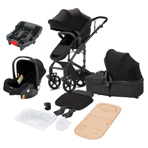 3 in 1 Baby Travel System Baby Pram Standard Baby Stroller Baby Travel Carriage Portable Folding Baby Prams Aluminium Frame High Landscape Car for Newborn (588UD Black-7)