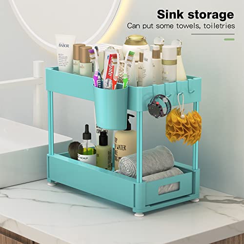 Under Sink Organizers And Storage 2 Pack, Zomilb Bathroom Organizer 2-Tier Sliding Kitchen Cabinet Organization With Hook, Hanging Cup, Multi-Purpose Under Sink Shelf Organizer For Home Storage, Blue #TOP2