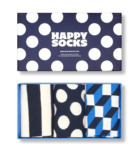 Happy Socks Fun Blue Crew Socks SetS, for Men and Women, made with Sustainable Cotton (US, Alpha, Small, Medium, Regular, Regular, 3-Pack Dark Blue Mix Socks Gift Set)