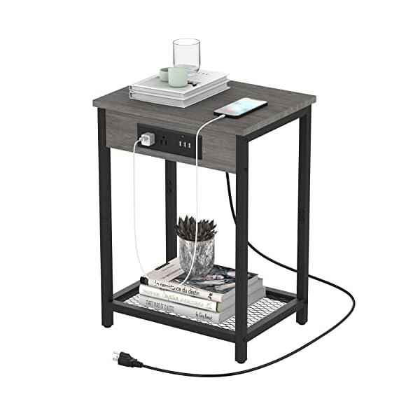 Nightstand with Charging Station Bedroom End Side Table with USB Ports and outlets Modern Record Player Stand 2-Tier Bedside Table for Living Room Farmhouse Furniture, Dark Grey