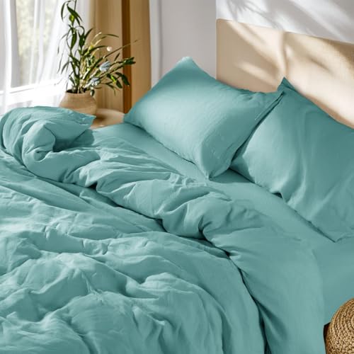 SONORO KATE 100% French Linen Duvet Cover Queen Size, Soft Breathable for Hot Sleepers, Moisture Wicking & Durable Cover Set - Zipper Closure & 4 Corner Ties Duvet Covers 3 Piece (Aqua,Queen)