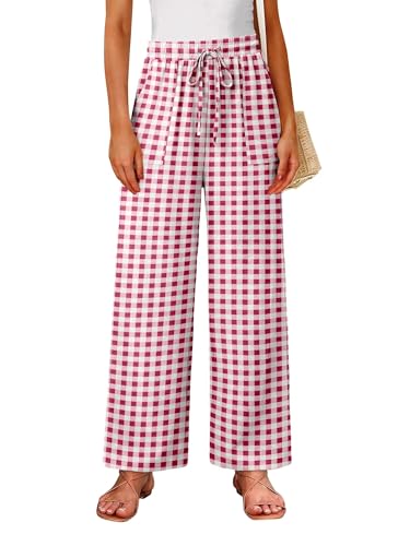 Elastic Waist Drawstring Palazzo Pants Summer Outwear Grid Red XXL
