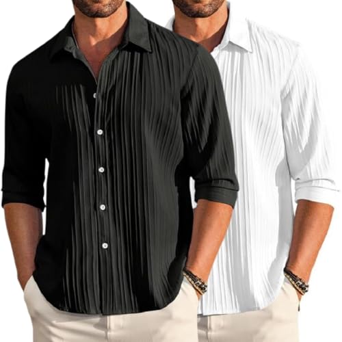 Image of FINIVO FASHION Men's Cotton Blend Shirt Set Lightweight, Full Sleeves, Plain Texture, Button Closure, Summer Ready (Pack of 2)