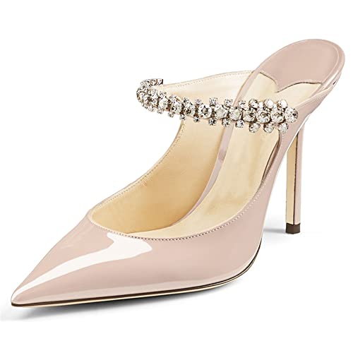 Jimishow Heeled Mules For Women Heels Strappy Rhinestone Mule Bridal Shoes Nude Pointy Closed Toe 4” Heel Party Dress Sandals Size 5-13 Us #TOP26