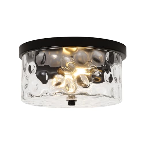 Image of LamQee 9.8 inch Small Flush Mount Ceiling Light With Clear Hammered Glass, Black Hallway Light Fixtures Ceiling Mount for Bathroom, 2-Lights Farmhouse Close To Ceiling Light Kitchen Foyer Entryway Bedroom