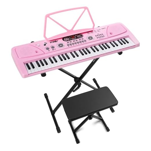 MAX KD61P – Piano infantil digital 61 teclas con soporte y banqueta, batería recargable, micrófono, grabación, display LED, ritmos y acordes, ideal teclado musical para niños y principiantes