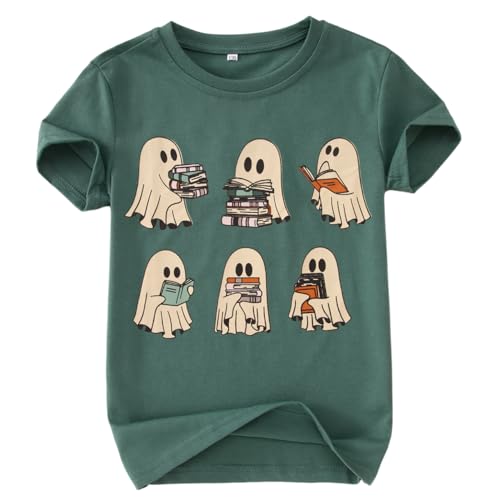 KEKEMI Kid Girls Halloween Shirts Cute Ghost Reading Books T-Shirt Spooky Bookish Outfit Librarian Halloween Party Tees Tops