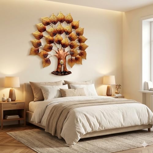 Image of Bharat Art Metal Iron Wall Art Decor for Home Bedroom Living room Cafe Interior Decorative | Elegant Wall Hanging Sculpture with LED Light | Gift Item | Buddha Tree Small | 32 x 2 x 32 Inch | W286