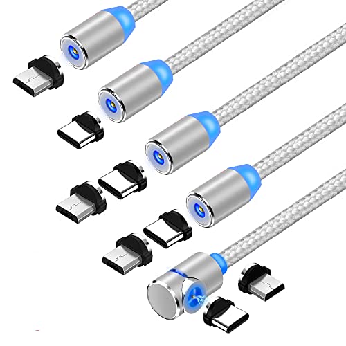 Magnetic Charging Cable,360° Rotating Magnetic Phone Charger Cable with LED Light, 90° Angle Connector, Nylon-Braided Cords (5 Pack, Silver)