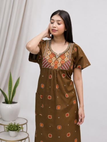 Image of Women's Pure Cotton Maxi Nighty, Jaipuri Embroidery Print, Short Sleeve Night Gown with Pocket