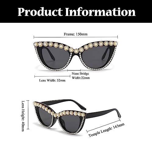 Image of LJCZKA Diamond Cat Eye Sunglasses Women Retro Jeweled Rhinestone Sun Glasses Sparkle Crystal Pearl Luxury Bling Eyewear