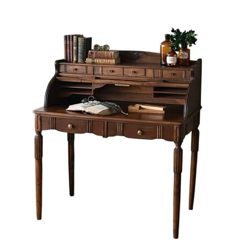 Vintage Solid Wood Writing Desk with Hutch, Rustic Secretary Desk