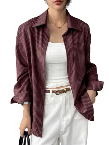 Image of GRECIILOOKS Striped Shirt for Women | Korean Style Full Sleeve Oversized Button Down Shirts | Tops for Women | Shirt for Woman | Plus Size Top for Office & Casual Outfit