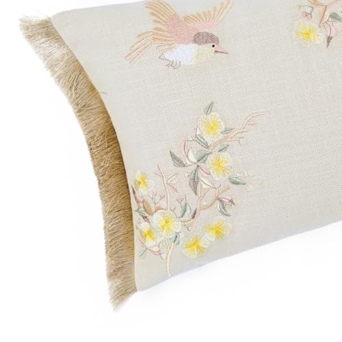 Image of haus & kinder Cushion Cover 12 x 18 Inch | Embroidered Decorative Cushion Cover for Sofa, Bed & Home Decor | Meadowbrook Wing Beige | Pack of 1