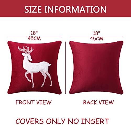 Christmas Decorations Cushion Covers, Pack of 2 Velvet Christmas Throw Pillow Covers with Reindeer Embroidery, Square Christmas Decorative Pillowcase for Home Car Office, Red, 45x45 cm