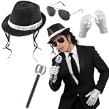 5 Stück Pop Rockstar Kostüm Zubehör für Erwachsene, Popstar Sänger Karneval Kostüm Jazz-Hut mit Pailletten Perücke Handschuhen Sonnenbrille Krawatte Mikrofon, für Halloween70er 80er Tänzerin Party