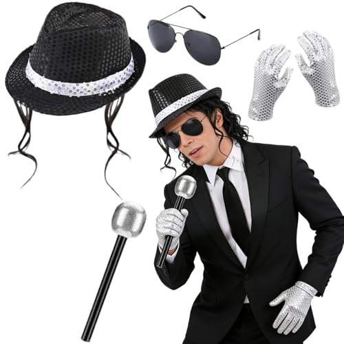 5 Stück Pop Rockstar Kostüm Zubehör für Erwachsene Popstar Sänger Karneval Kostüm Jazz-Hut mit Pailletten Perücke Handschuhen Sonnenbrille Krawatte Mikrofon für Halloween70er 80er Tänzerin Party
