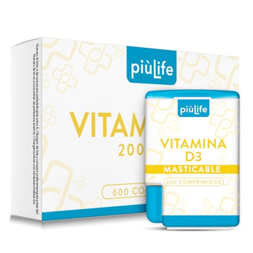 Vitamina D3 2000 UI Por Dosis (2 Al Día) 600 Mini Comprimidos Masticables PiùLife, Suplemento Vitamina D Colecalciferol, Apoyo Para Huesos, Músculos, Sistema Inmunológico Y Dientes, Vit D3 Pura