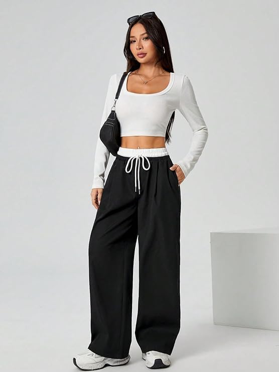 Image of You Forever Women's Wide Leg Casual Pants, High Waist Cotton Blend, Drawstring, Light Colour, Relaxed Fit