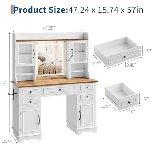 Vanity Desk with LED Lighted Mirror, Makeup Vanity Table with 5 Drawers, 4 Doors, and 3 Storage Shelves for Bedroom, Dressing Room, White