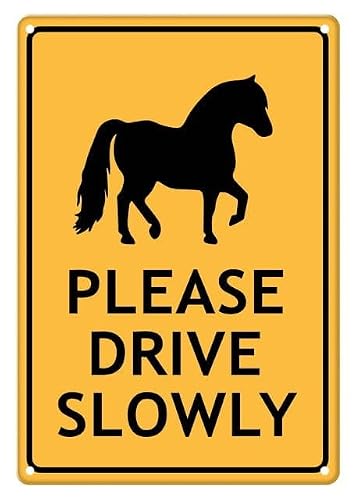 peiyeety Pony Please Drive Slowly Aluminum Tin Sign for Home Kitchen Wall Decor 12x16 Inches