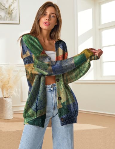 YESNO Women's Fall V-Neck Cardigan Sweaters Casual Graphic Oversized Open Front Button Down Long Sleeves Knit Tops SCV2