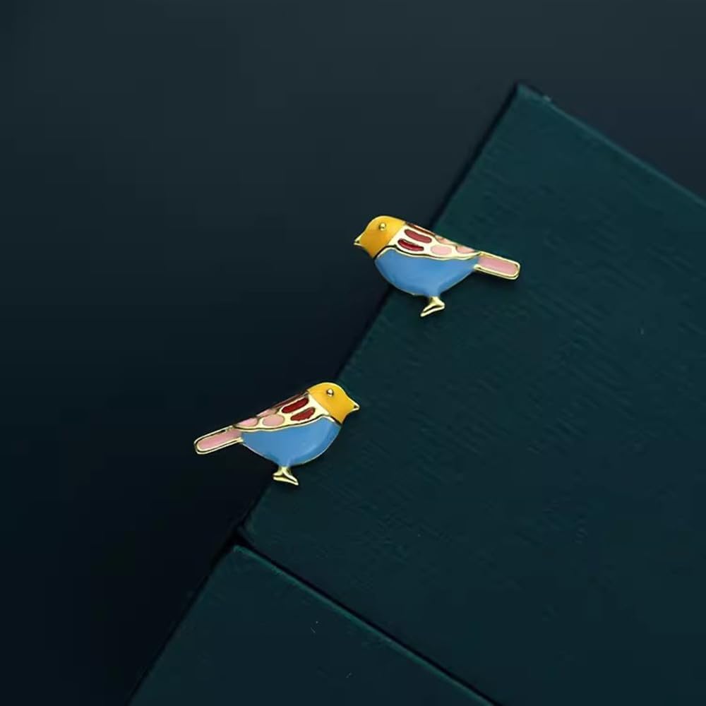 Cute Bird Stud Earrings for Women Girls 925 Sterling Silver 14k Gold Plated Tiny Small Animal Pet Enameled Blue Yellow Pink Feather Birds Tragus Post Nickel Free Piercing Ear Daity Jewelry