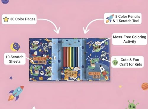 Image of Returngifts - Pack of 6 Coloring Book Sets for Kids birthday return gifts I Art & Craft Kit with Colouring Sheets, Pencils, Scratch book | Return Gifts for kids birthday party for age 3, 4, 5, 6, 7, 8, 9 years old. Random colour design