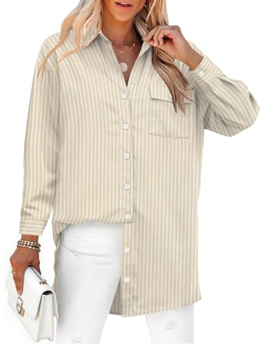 AKEWEI Polo Long Sleeve Plus Size Button Down Shirts for Women Collared V Neck Striped Shirt Women...