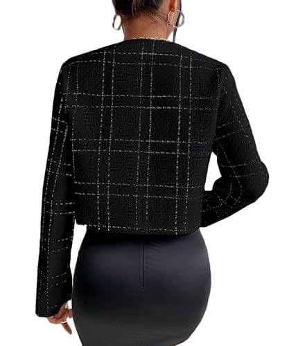 Mina Self 2025 Fall Women's Tweed Blazer Jacket - Collarless Plaid Cropped Open Front Casual Fashion Office Suit with Pockets4