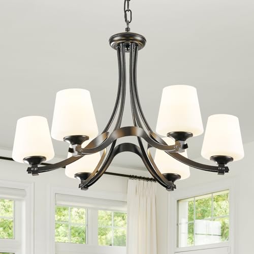 Image of 6 Light Modern Black Chandeliers, Farmhouse Dining Room Light Fixtures Over Table Rustic Chandeliers for Kitchen Island with Frosted Glass Shade for Living Room Foyer Height Adjustable 47.2''