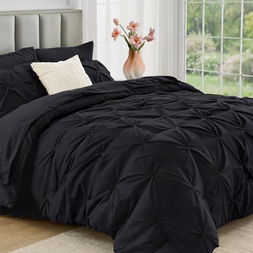 JOLLYVOGUE Black Queen Comforter Set 7 Pieces - Bed in a Bag Queen for All Season Pintuck Bedding Comforter Sets with Comforter Flat Sheet Fitted Sheet and Pillowcases & Shams