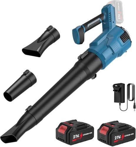 Souffleur de Feuilles sans Fil 21V, Souffleur à Batterie, 2 Batteries 4,0 Ah Incluses, 2 Modes de Vitesse, Vitesse de Soufflage 200 km/h, Souffleur pour Feuilles, Saleté, Neige (Bleu)