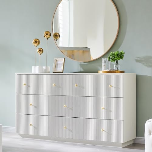 wow97e Fluted Dresser for Bedroom, 55" W White 8 Drawer